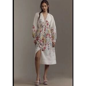 Anthropologie Let Me Be Long-Sleeve V-Neck Floral A-Line Midi Dress Size Small